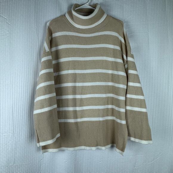 Wonderly Womens Turtleneck Long Sleeve Striped Sweater Khaki White Small Cotton - Picture 1 of 9